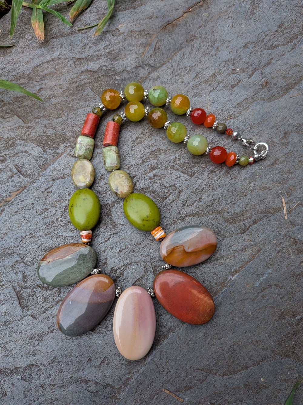 Natural Multi-Stone Statement Necklace in Green, Red and Earth Tones